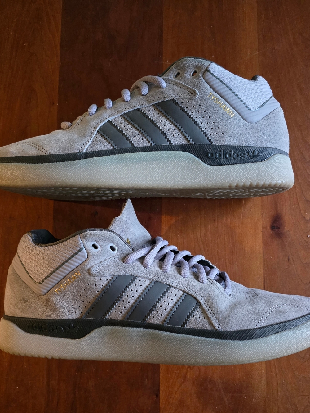 Adidas, Tyshawn Men's 11.5 Light Gray Suede Sneakers with Dark Gray Stripes